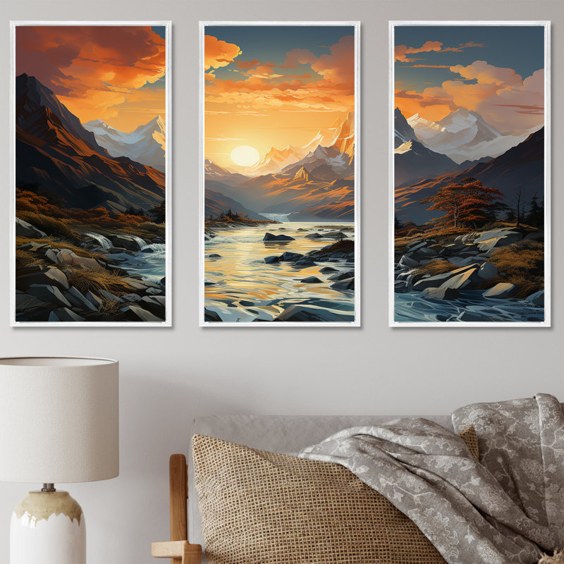 «Mountain Sunset Serenity - Landscape Mountains», ensemble de reproduction d'art mural, Cadre flottant blanc
