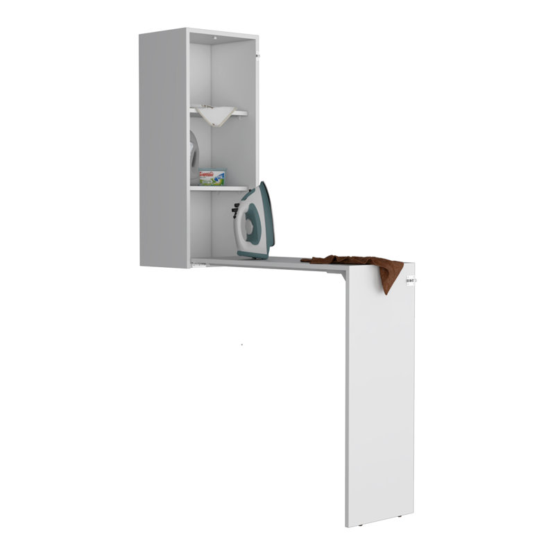 Iron 42" W Foldable Table Cabinet, Foldable Desk, Foldable Dinning Table, Ironing Cabinet with Pull down Table and Shelves White