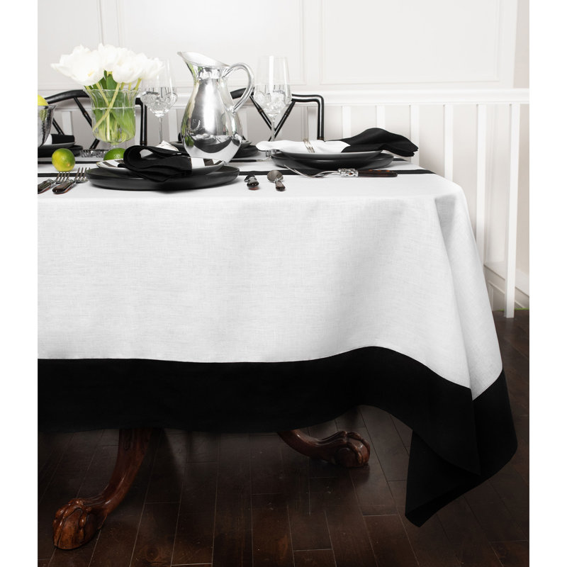 Contempo - 100% Pure Linen Tablecloth, Black/White, 90" x 60"