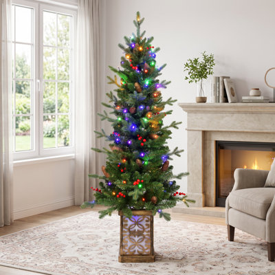 4 ft Pre-Lit Green Artificial Christmas Tree with 100 Multicolor LED Lights, 396 PE/PVC Tips, Red Berries, Pine Cones and Light-Up Glitter Pot