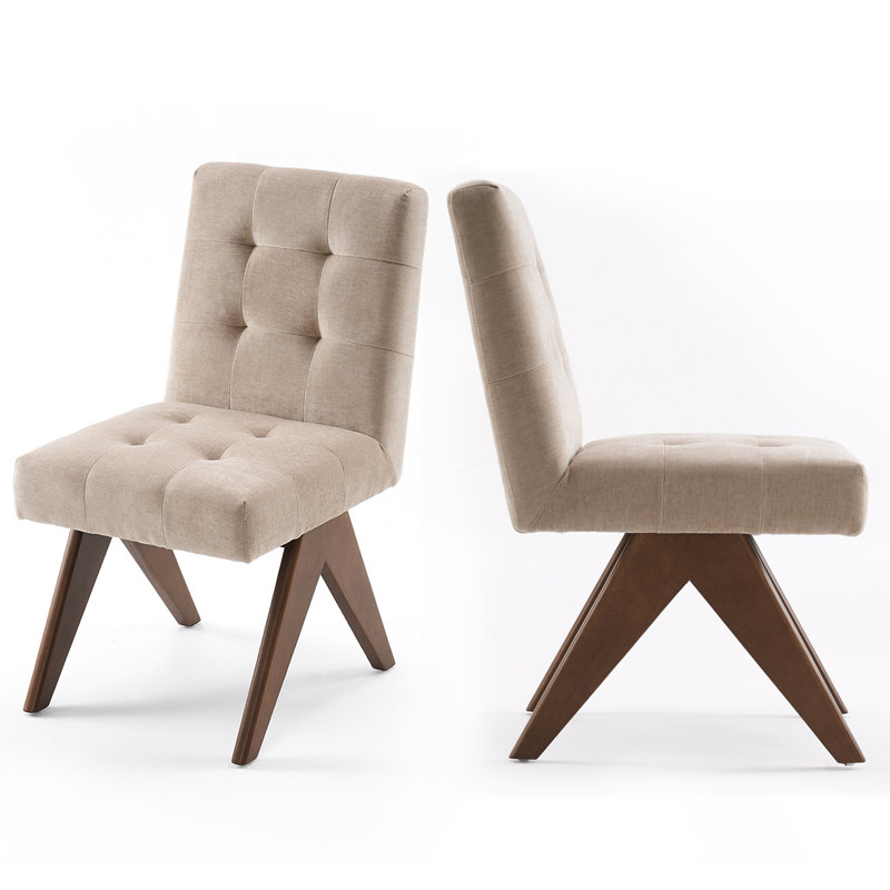 Tufted Linen Upholstered Dining Chair Armless Parsons Side Chair With Solid Wood Legs, Light Khaki