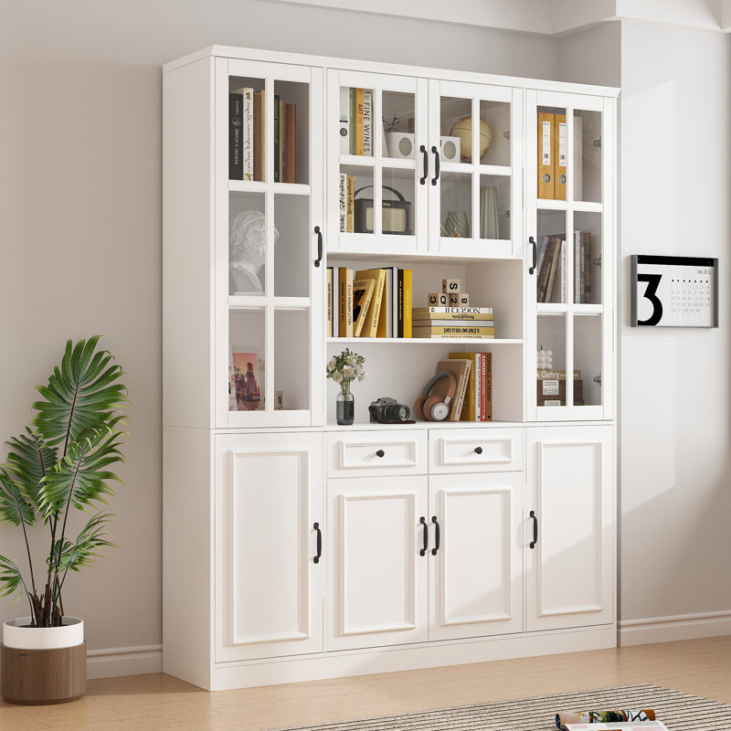 78.7'' H Bookcase with Glass Doors & 2 Drawers - Freestanding Storage Cabinet