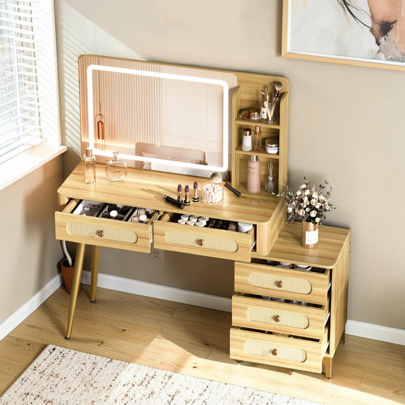 47" Vintage Makeup Vanity Desk With LED Mirror, 5 Storage Drawers & Adjustable Brightness, Walnut, Walnut