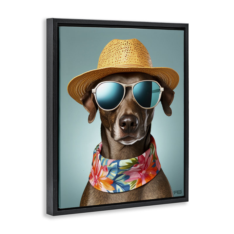 "Beach Ready Pup", art mural encadré par Roozbeh Bahramali, Cadre flottant noir de jais, H 21 po x l 17 po