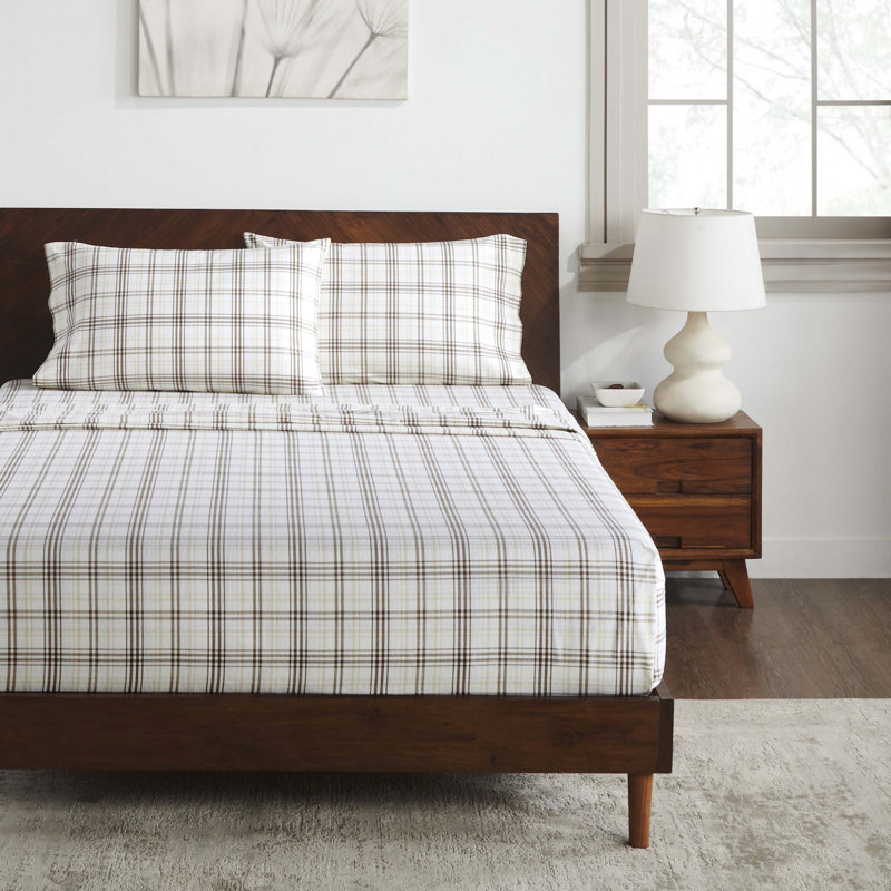 Ensemble de draps 100% flanelle Beldibi, Twin Sheet 3pc Set, Beige Plaid
