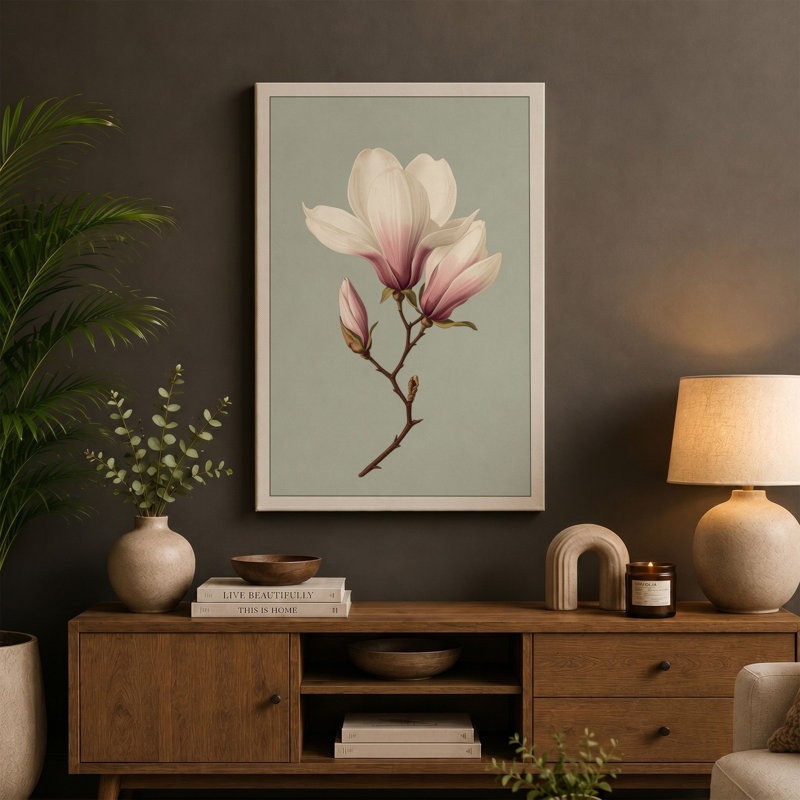 Magnolia in Bloom Botanical - Wrapped Canvas, Ochre Border, 30x20 - 76.2 x 50.8 cm