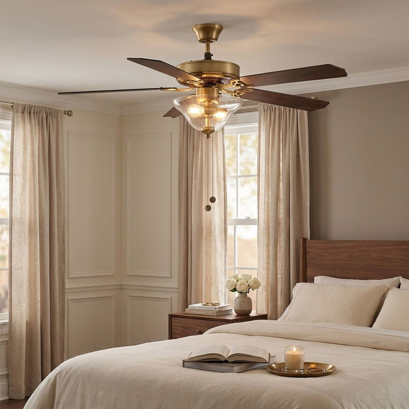 52" Garrett 5 - Blade Standard Ceiling Fan in Natural Brass/Brown Blades with Light Kit Included, Natural Brass/Brown Blades