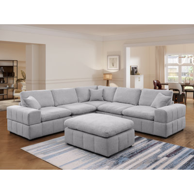 Upholstered 6-seater Chenille Modular Sofa With Oversized Movable Ottoman & Plush Cushions