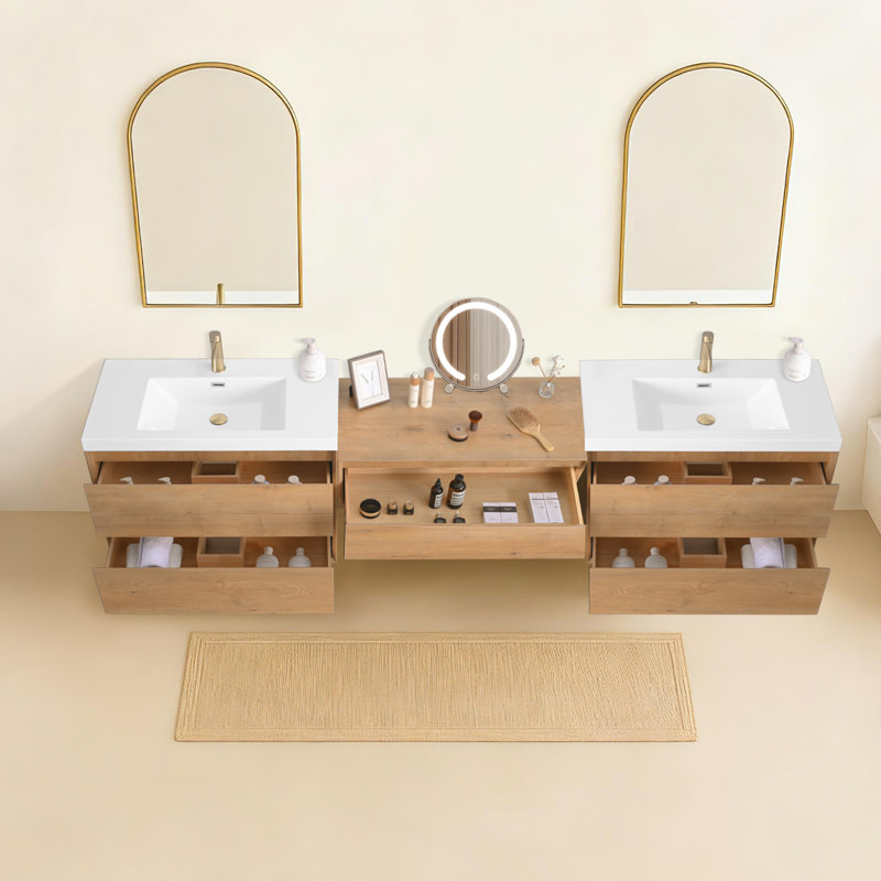 Meuble-lavabo mural 108 po avec lavabo en résine et armoire de rangement pour maquillage, 108"