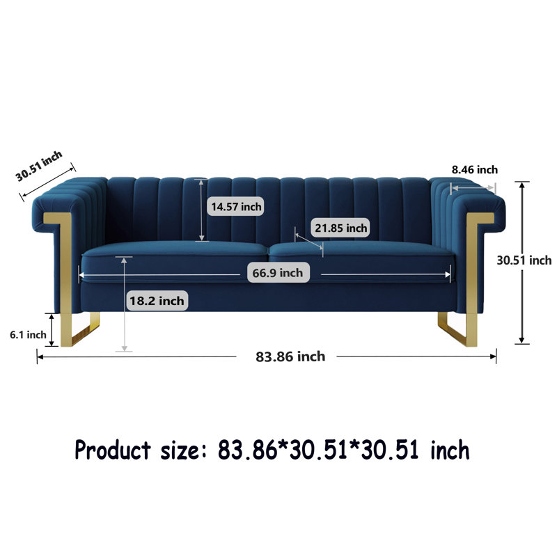 83.86'' Velvet Sofa, Navy Velvet
