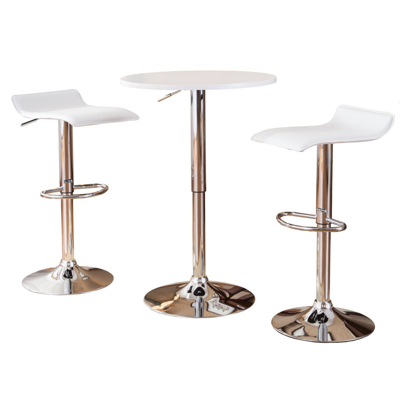 Adjustable Height Wood And Metal Bar Table And 2 Air Lift Adjustable Swivel Stools Set