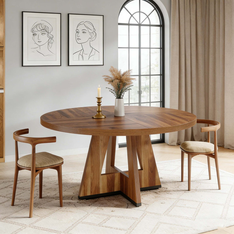 Wooden Round Dining Table Farmhouse Kitchen Dinner Table for 4, Retro Brown