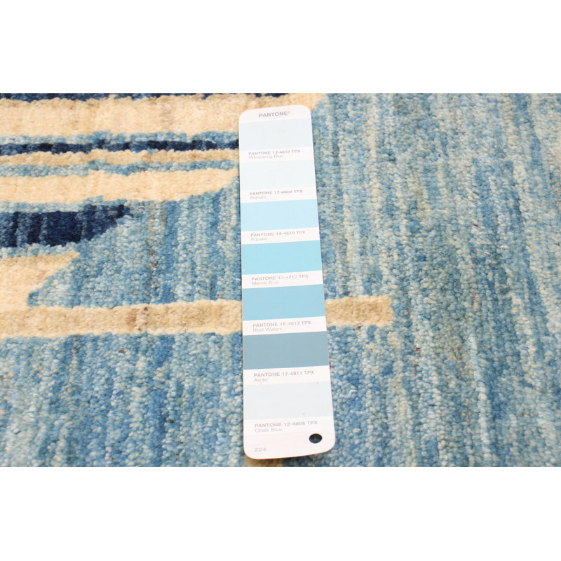 Tapis unique en laine noué à la main beige et bleu nouvel âge 4 pi x 5 pi 9 po Eirny