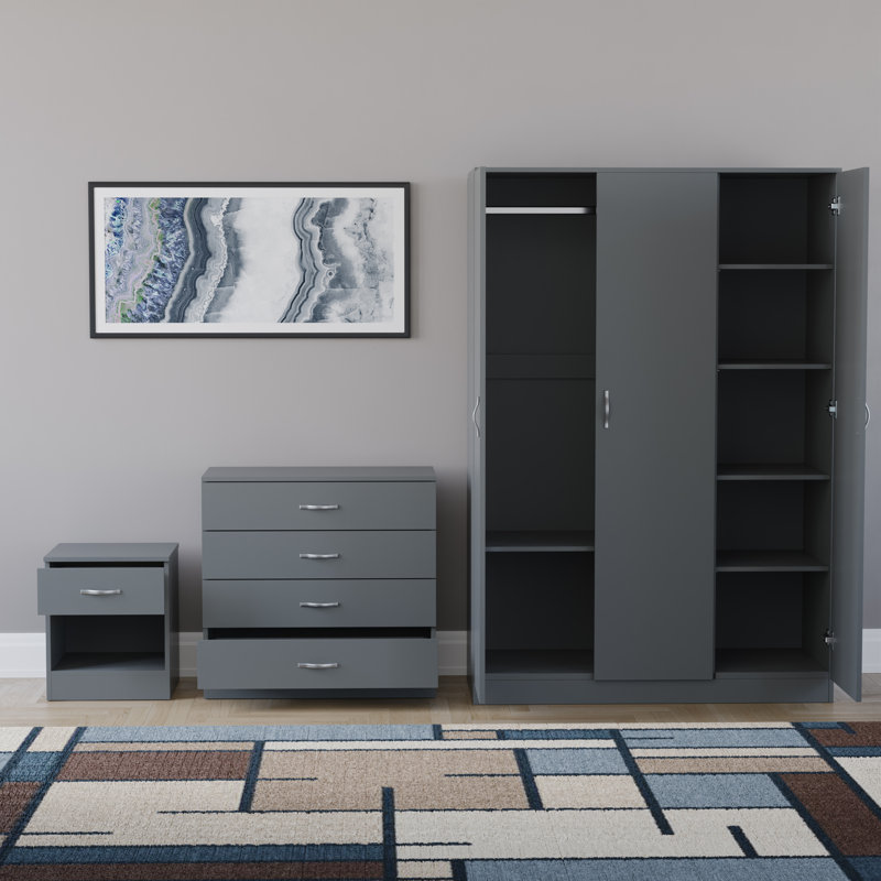 Maybery 3 Piece Bedroom Set (1 Drawer Bedside Chest, 4 Drawer Chest, 3 Door Wardrobe), (5), Grey