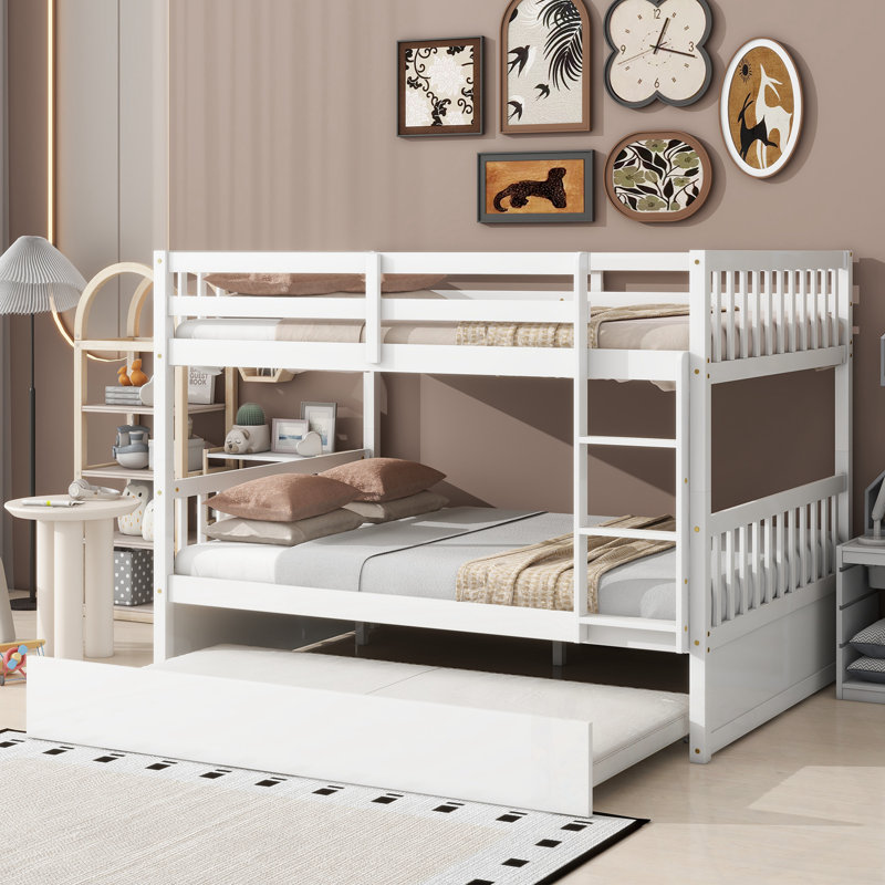 Full Over Full Bunk Bed with Trundle, Ladder and Guardrails, White