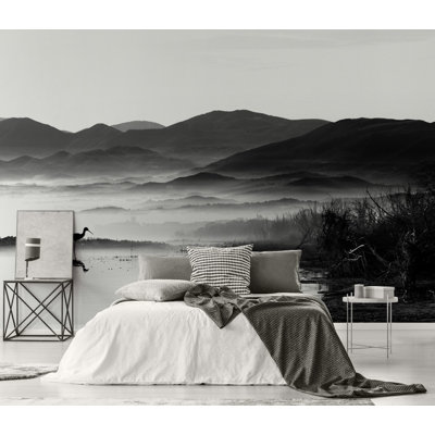Dark Foggy Lake Mountain Landscape Stork Removable Wallpaper