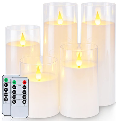 Bougies sans flamme scintillantes Pure White, bougies à piles en acrylique DEL avec télécommande et minuterie, ensemble de 5
