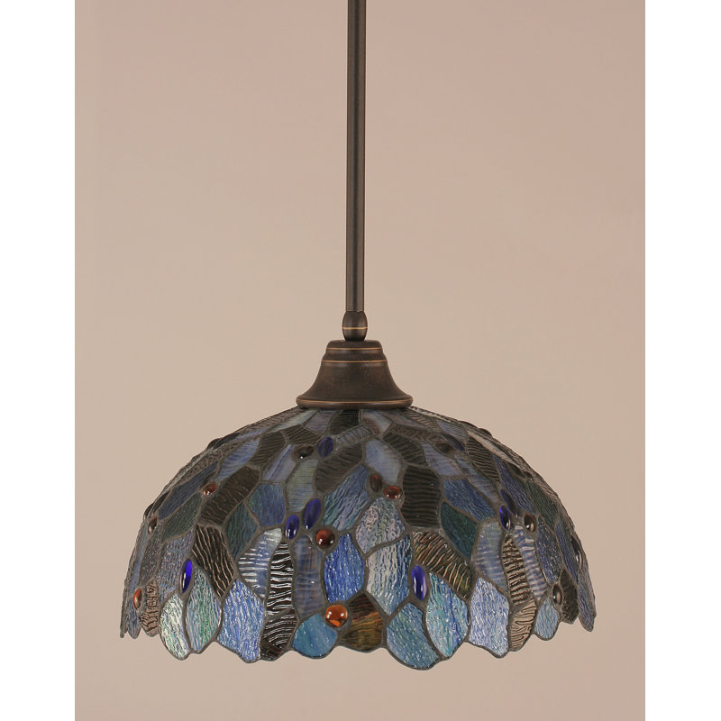 Stem Hung Pendant With Glass, Dark Granite, 14.75", Blue Mosaic Tiffany Glass