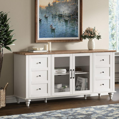 Meuble télé de style campagne avec porte en verre - 75 po maximum, centre de divertissement en bois 58 po avec 4 armoires de rangement, console de télévision universelle pour téléviseurs de 32 à 75 po, design rustique pour le salon