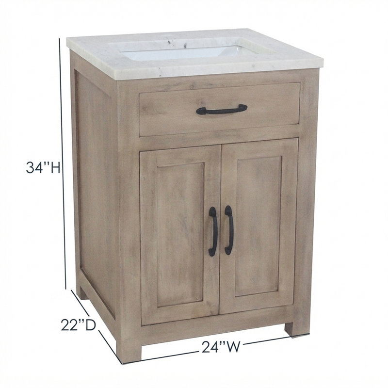 Ensemble de meuble-lavabo simple 24 po à deux portes de luxe avec finition en bois naturel et plateau en marbre blanc, 24