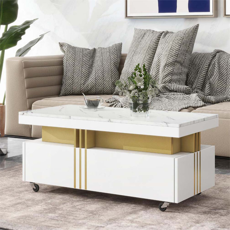 Drawer Storage Rectangle Cocktail Coffee Table with Caster Wheels