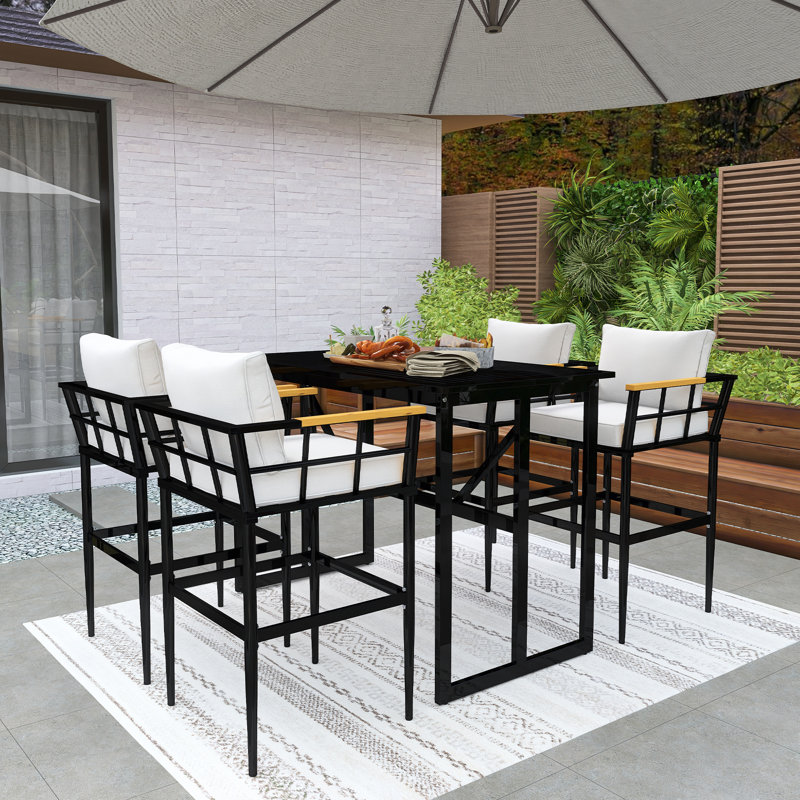 Ensemble repas en fer avec accoudoirs en bois d'acacia adapté au patio, Beige