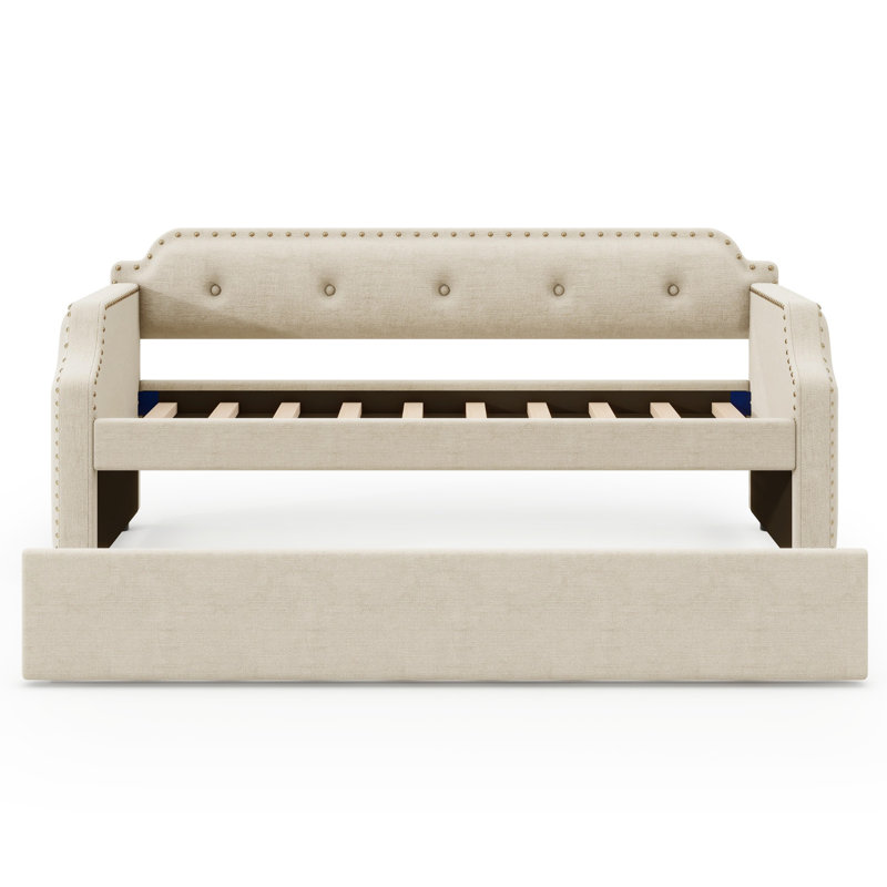 Upholstered Daybed with Trundle, Wood Slats, Polyester Frame, Nailhead Trim, Arched Back, Sofa Bed for Living Room