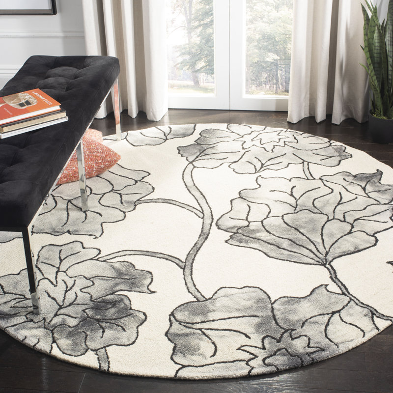 Coleman Hand Tufted Wool/Cotton Floral Rug in Ivory/Light Gray, Round 7'