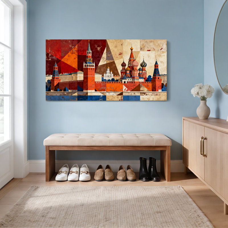 Ensemble de 1 tableau mural sur toile représentant un collage de monuments de Moscou, H 12 po x l 36 po