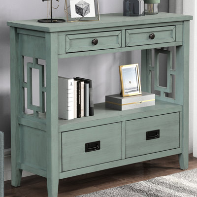 Console Style en bleu rétro. 4 tiroirs et 1 tablette de rangement. Surface de vie en bois de pin massif avec tablette 36 po, chambre bleue, couloir
