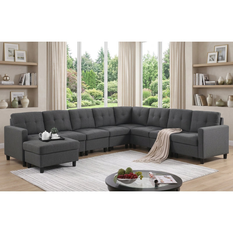 Kentrell 9 - Piece Upholstered Sectional With Ottoman, Dark Gray Linen