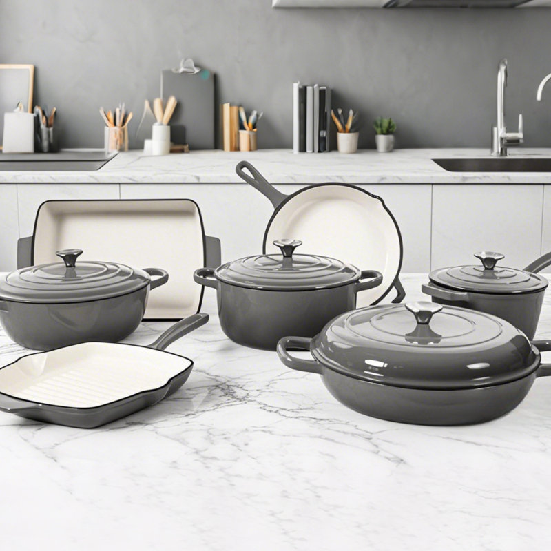 Batterie de cuisine 11 pièces en fonte émaillée, Gris