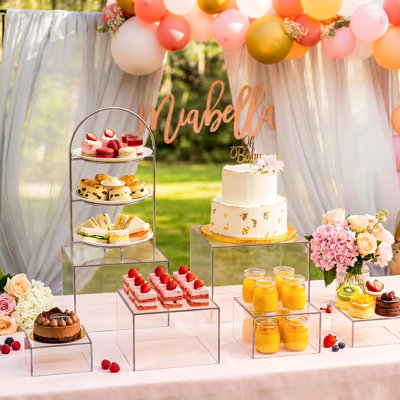 Ensemble de 6 présentoirs à buffet en acrylique transparent et empilable. Boîte cubique gigogne à fond creux, idéale pour présenter desserts, bijoux et autres produits de buffet (8'', 7'', 6'', 5'', 4'', 4'').