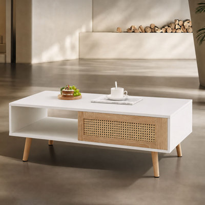 Table basse rectangulaire de 105 cm (41,3 po) avec rangement en rotin et pieds en bois massif, style minimaliste moderne