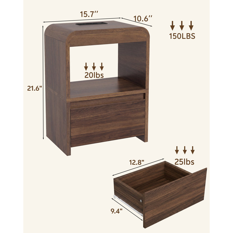 Tables de chevet de 40 cm de large, en bois, avec tiroir et station de recharge, Noyer