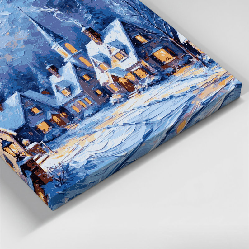 «Christmas Snowy village at twilight», art mural sur toile bleue