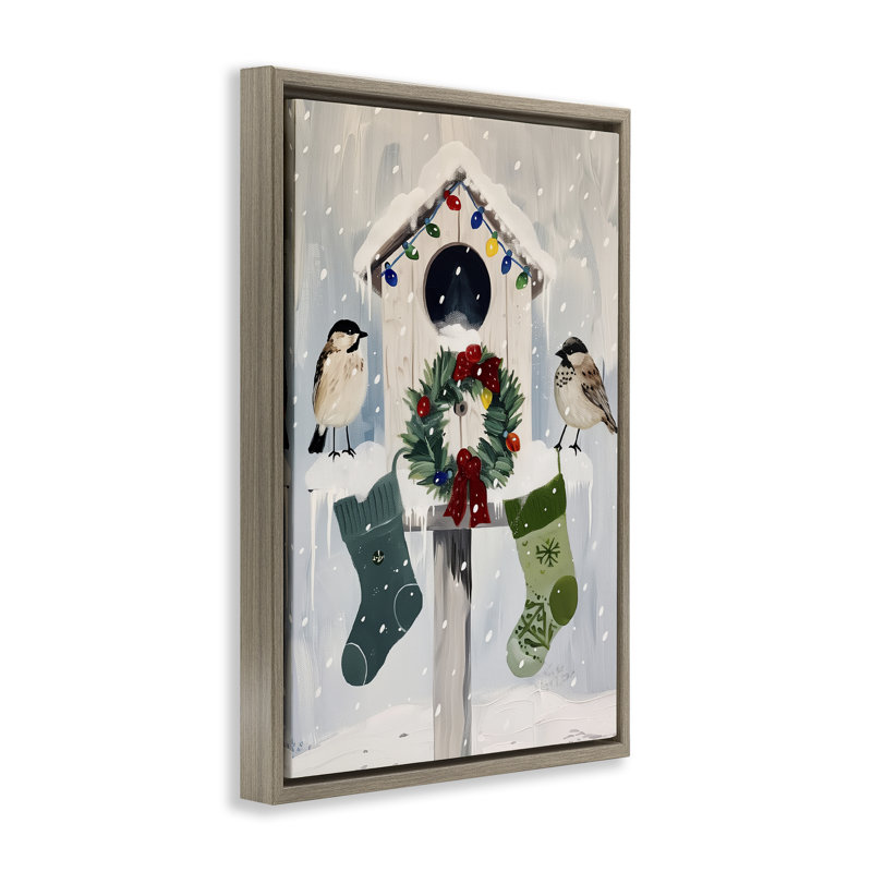 Cadre flottant Festive Christmas Birdhouse, design par Arlington Prints, H 31 po x l 21 po, Cadre flottant orme Montalcino