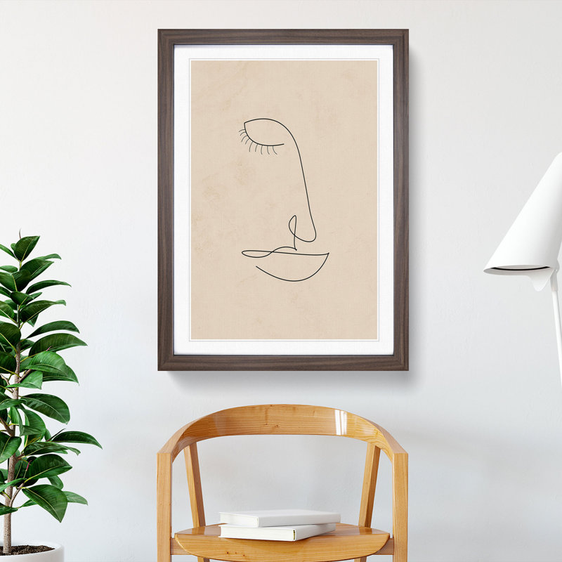 Line Form Female Face - Picture Frame Drawing, Walnut Framed, 48cm H x 36cm W x 2cm D