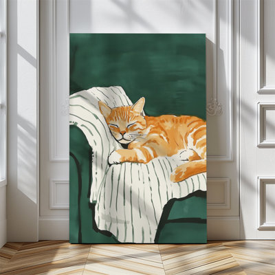 1pc, impression sur toile encadrée, affiche de chat orange endormi, esthétique verte, BCBG, impression d'art sur toile, peinture pour salon, chambre, bureau, salle de bain, dortoir, prêt à accrocher