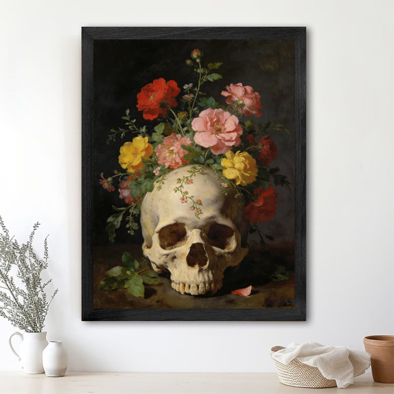 «Black», fleurs rétro encadrées de crânes humains, art mural foncé, impressions encadrées, H 25 po x l 17 po