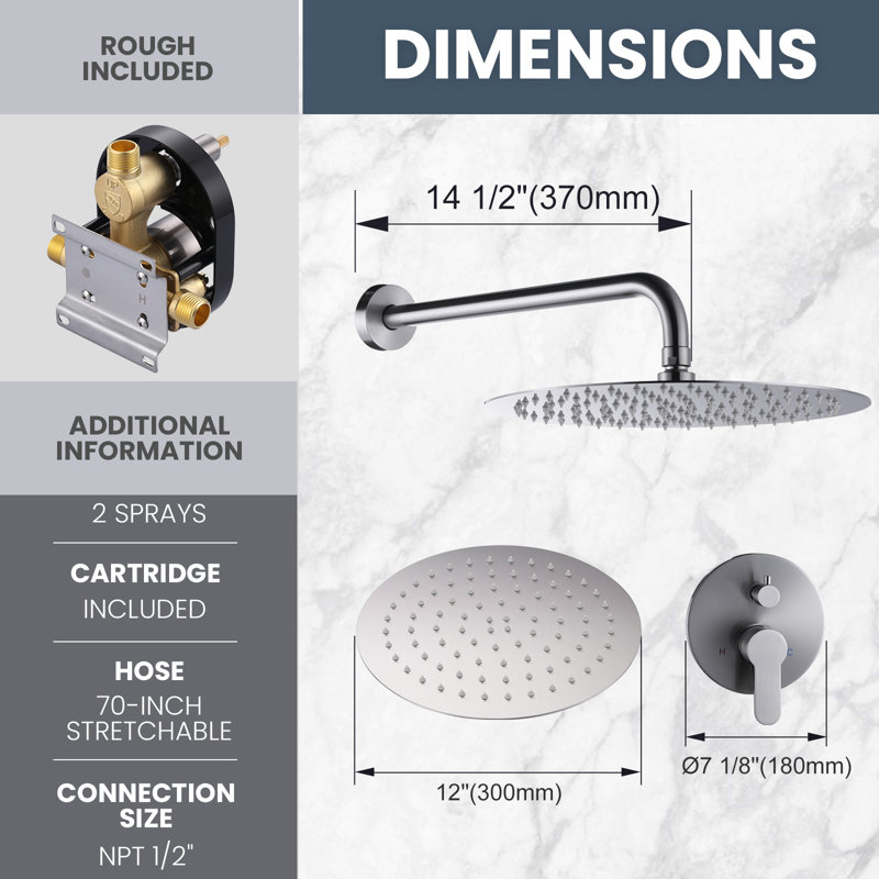 9-Spray Patterns With 1.8 Gpm 12 In. Wall Mount Shower System With Two Showerhead, Brushed Nickel