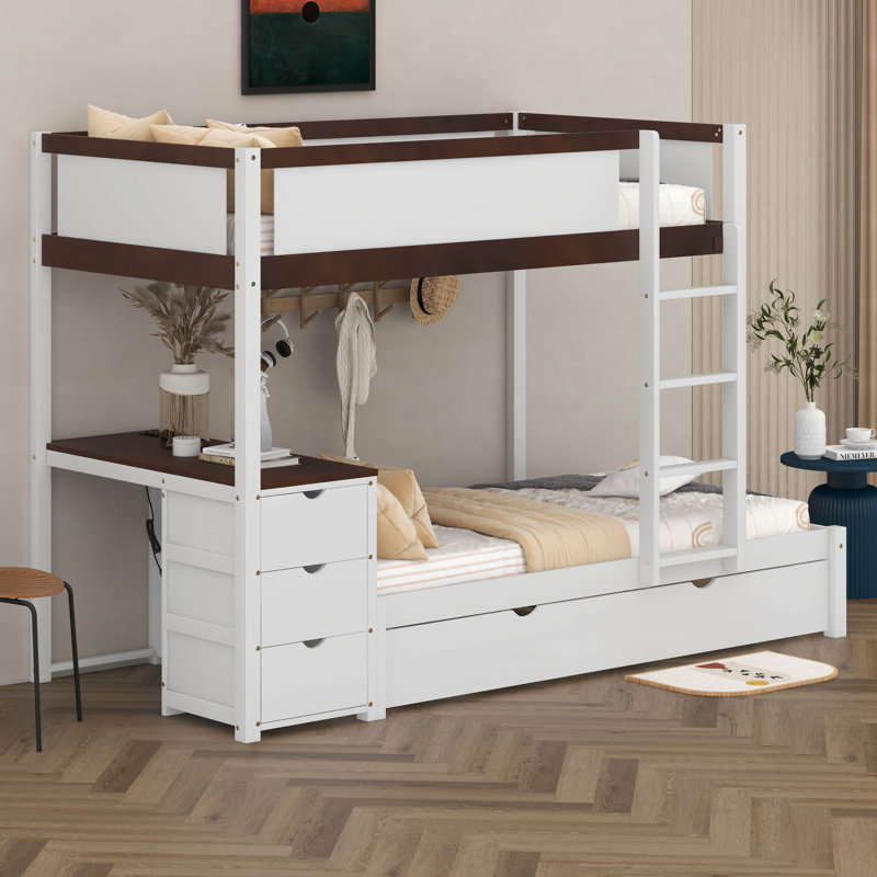 Bunk Bed With Desk, Storage Drawers And Trundle, Full Over Full, White/Brown