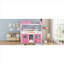 Lit superposé simple de style maisonnette en bois massif avec fenêtres et tente décoratives élégantes, rose et blanc doux