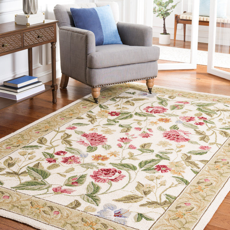 Tapis d'intérieur bouclé fabriqué à la main à motif floral ivoire / beige Hollander, Rectangle 8 pi x 10 pi