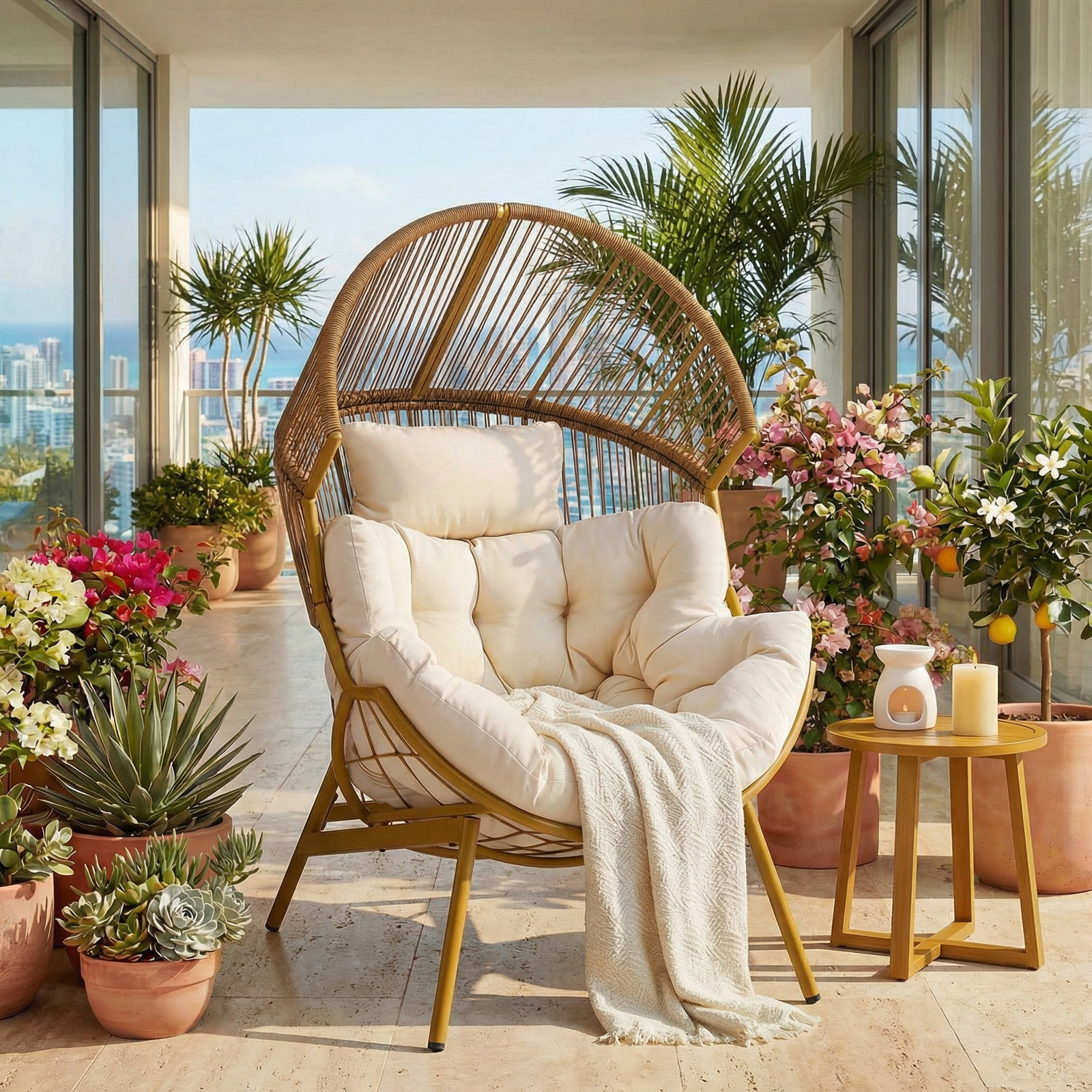 Reclining Patio Lounge Chair, Beige, Natural/Gold