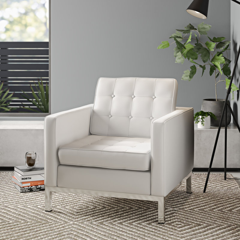 Mid-Century Modern Loft Top-Grain Leather Armchair, Cream White Genuine Leather