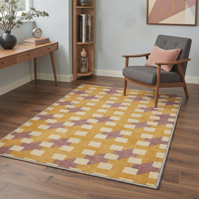 Abdellah Geometric Machine Washable Yellow/Beige/Purple Indoor Area Rug with Non-Slip Backing, Rectangle 6' x 9'