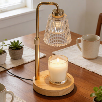 Retro Candle Holder With Ribbed Glass Shade, Dimmable Timer & Adjustable Height, Candle Warmer Lamp With 2 Bulbs For Home Deco