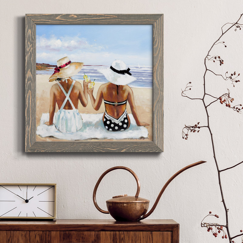 Mesdames avec limonade - peinture sur toile encadrée, H 17 po x l 17 po x P 1,5 po, Toile avec cadre gris vieilli