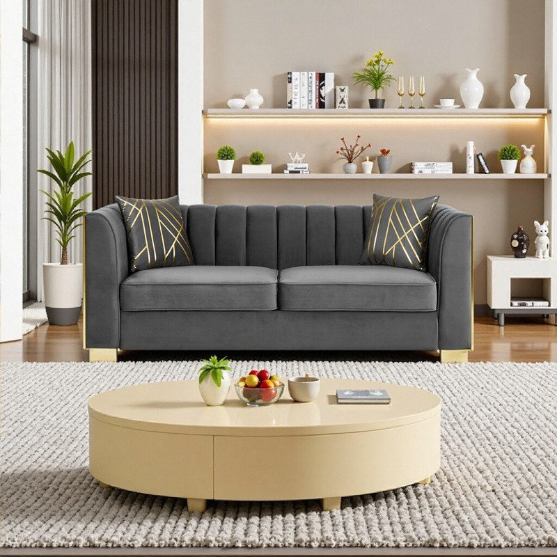 Ensemble de canapé chesterfield en velours capitonné avec 2 coussins et 2 coussins, Gris
